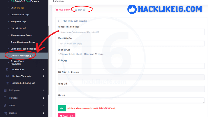 Các bước tăng checkin Fanpage Facebook tại HackLike16.com