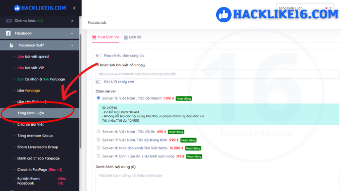 Dịch vụ tăng comment Facebook tại Hacklike16.com