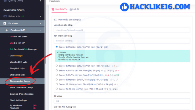 Các bước tăng thành viên nhóm Facebook tại HackLike16.com