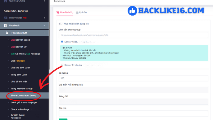 Dịch vụ share livestream vào group Facebook tại HackLike16.com