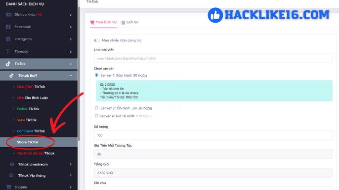 Quy trình mua lượt share TikTok tại HackLike16.com