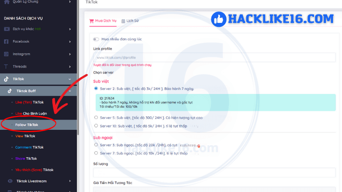 Cách thực hiện tăng Follow TikTok tại HackLike16.com