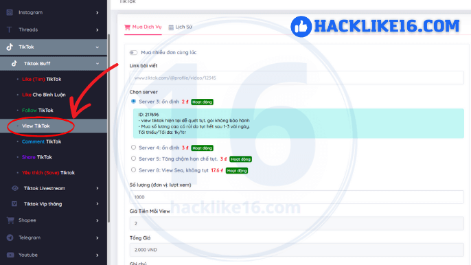 Cách thực hiện tăng view TikTok tại HackLike16.com