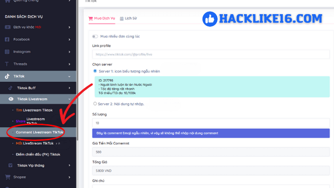 Quy trình mua comment Live Tik Tok tại HackLike16.com
